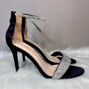 RAID Black Crystal Ankle-Strap Block Heel Sandals